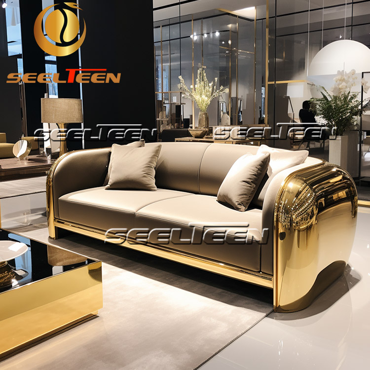 Luxurious Gold-Accented Leather Sofa